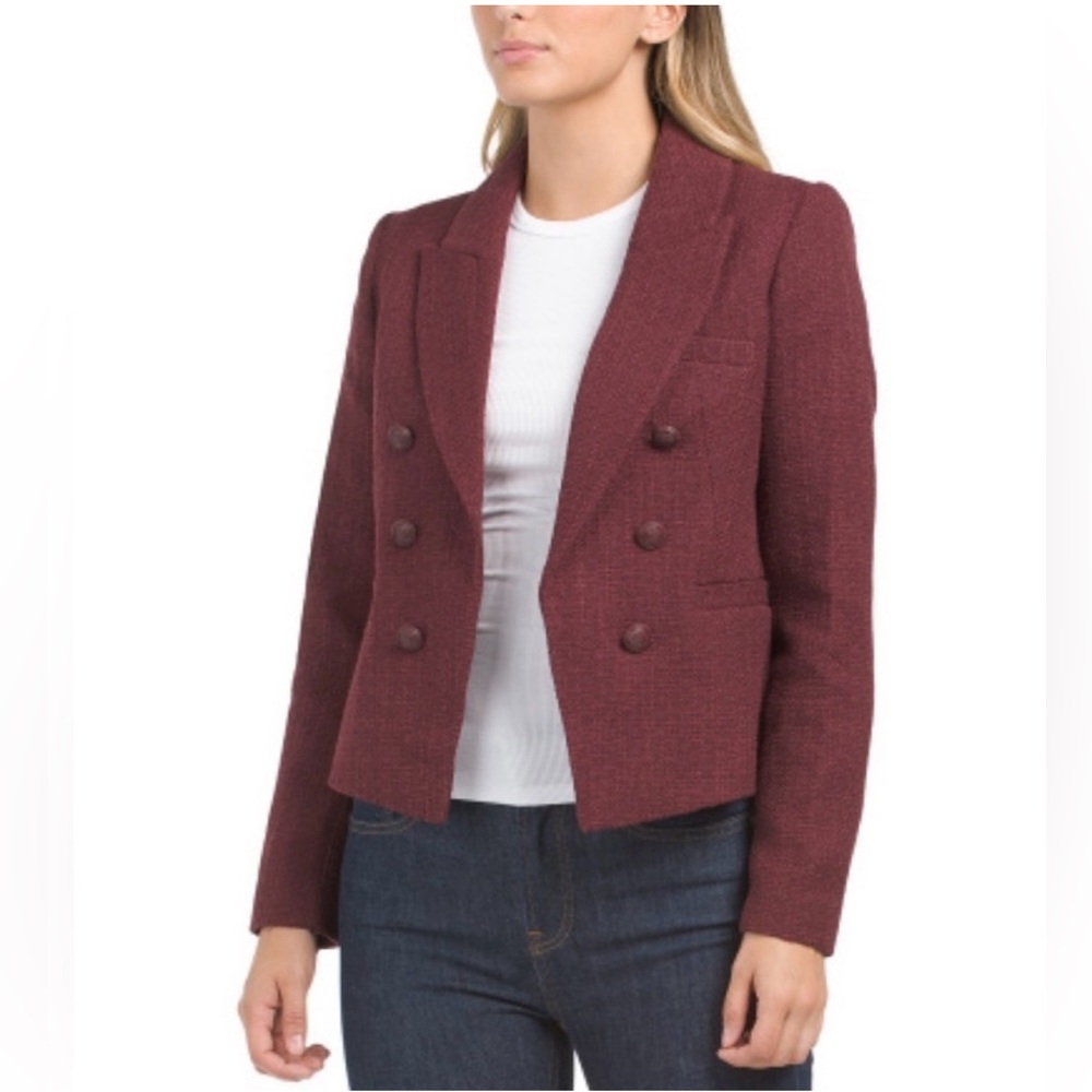 ELIE TAHARI Double Breasted Tweed Blazer in Burgundy, Size L Retail $495